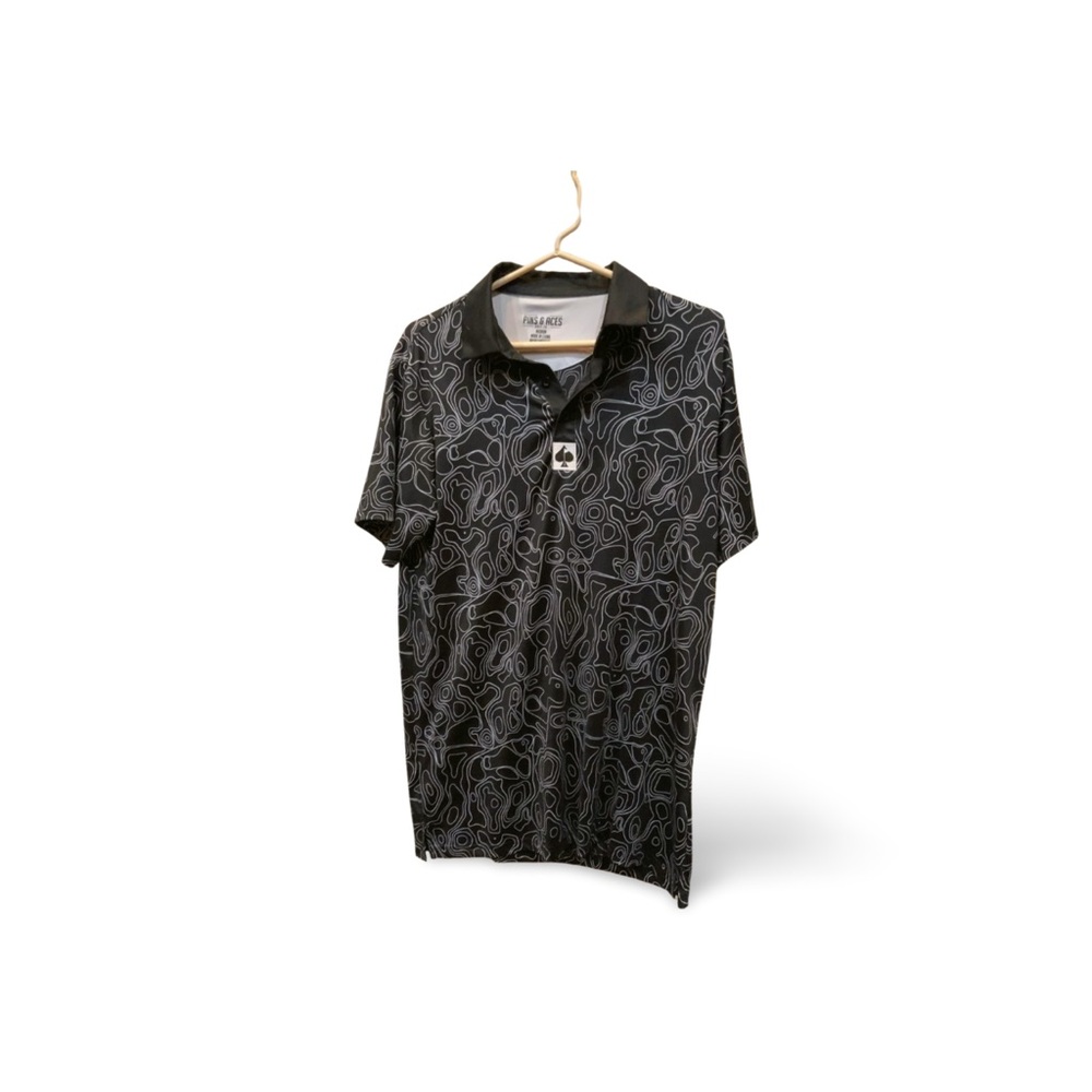 Pins & Aces Black Topographic Print Golf Polo Shirt Size Medium